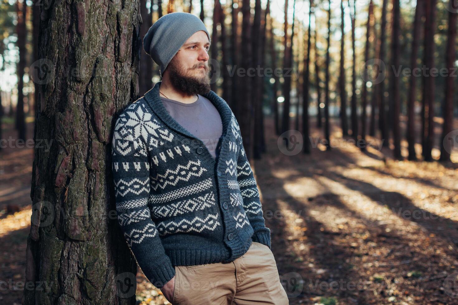 a young man with a beard walks in a pine forest. Portrait of a brutal bearded man Autumn forest photo