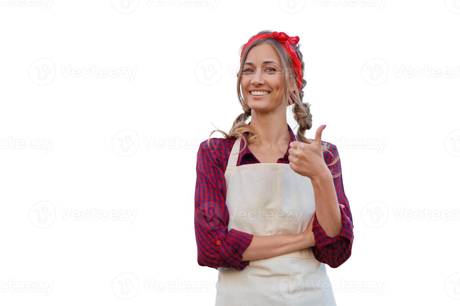 Woman dressed apron white background Caucasian middle age  female business owner in uniform photo