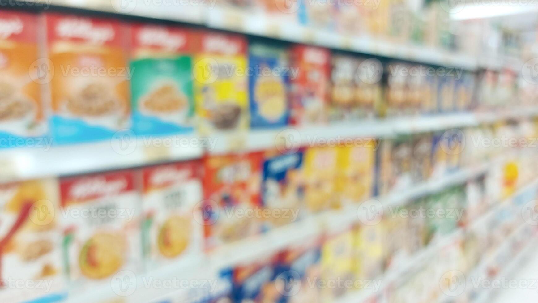 supermarket aisle and shelves blurred background. grocery store retail business concept photo