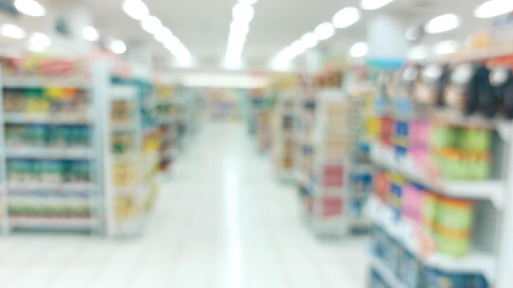 supermarket aisle and shelves blurred background. grocery store retail business concept photo