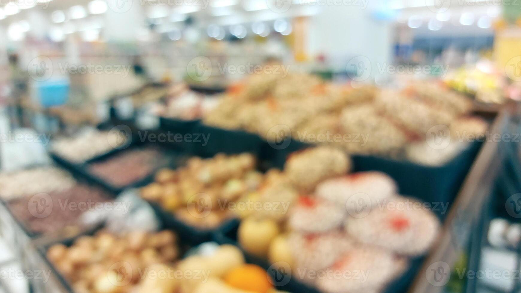 supermarket aisle and shelves blurred background. grocery store retail business concept photo