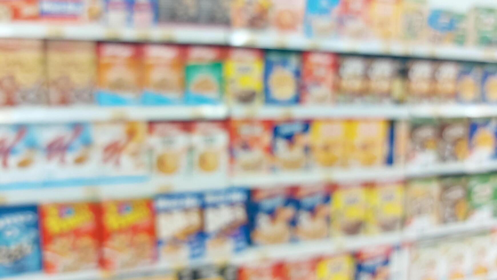 supermarket aisle and shelves blurred background. grocery store retail business concept photo