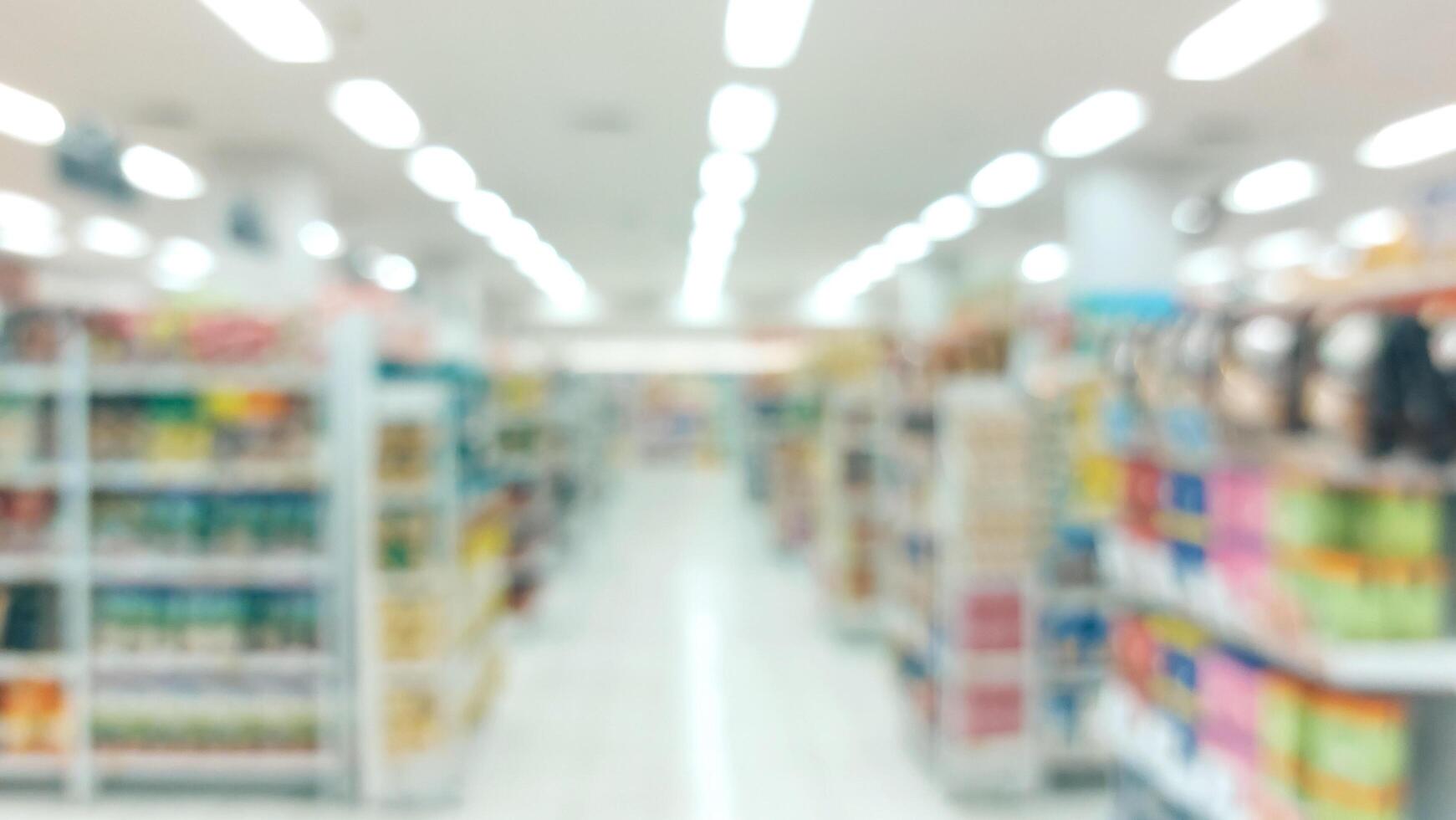 supermarket aisle and shelves blurred background. grocery store retail business concept photo