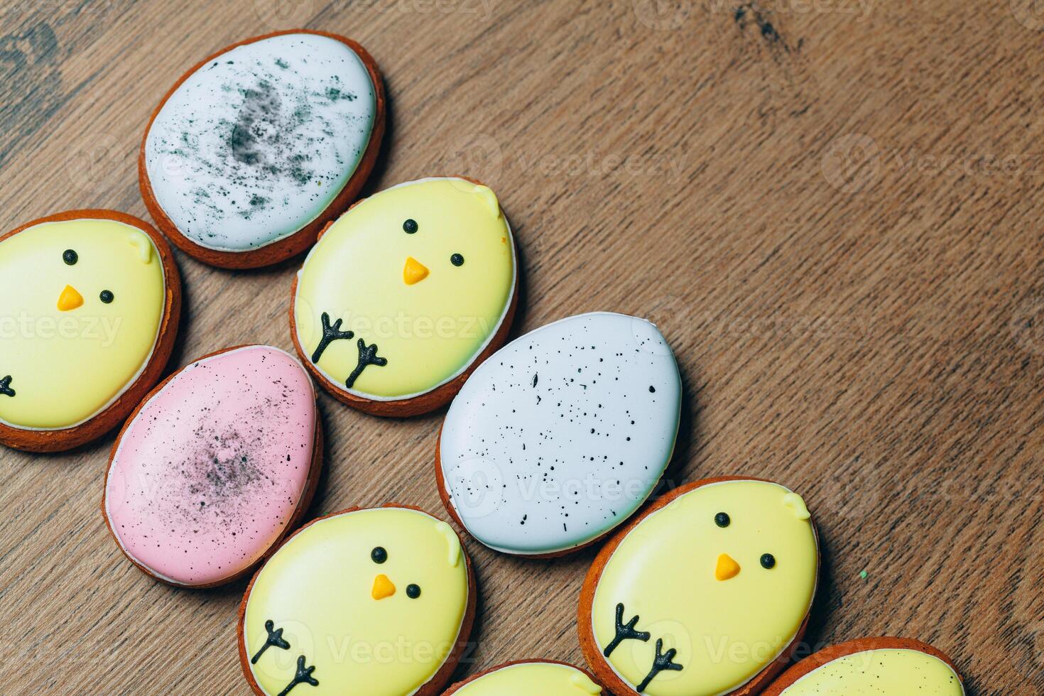 Easter homemade gingerbread cookie over tablecloth baking, draw on baking, patterns Easter gingerbread photo