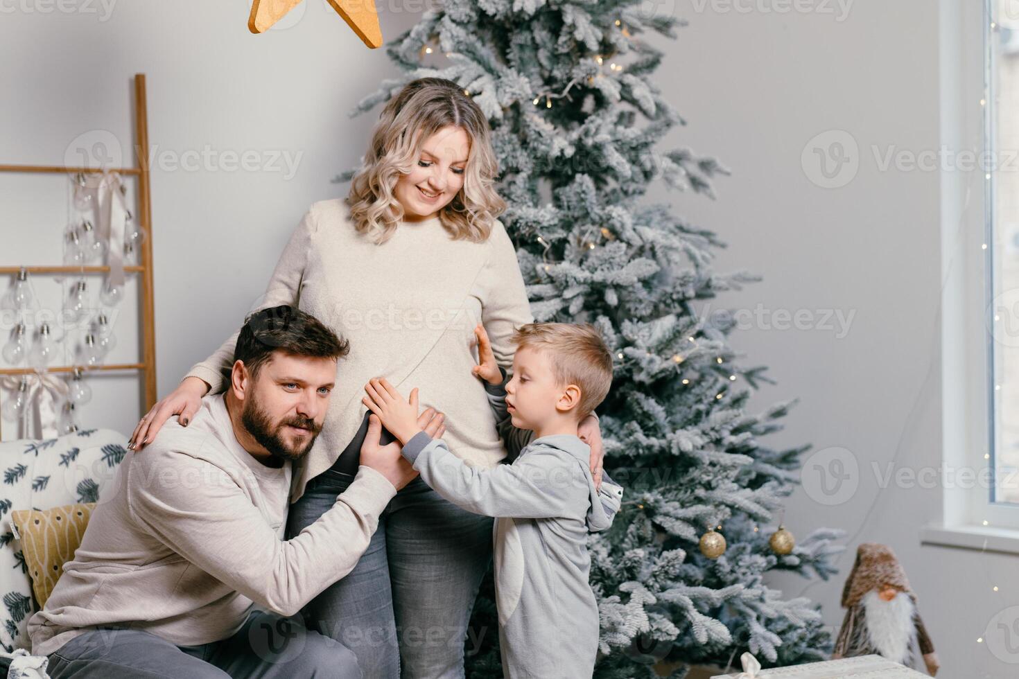 Navidad familia felicidad retrato de papá, embarazada mamá y pequeño hijo sentado Sillón a hogar cerca Navidad árbol abrazo sonrisa foto