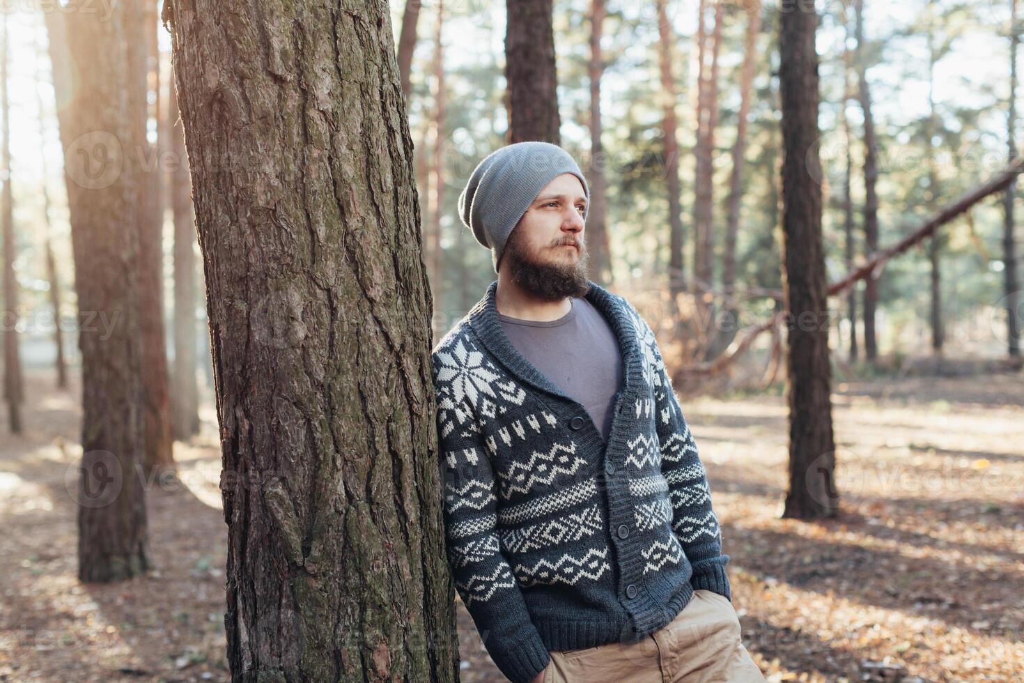 a young man with a beard walks in a pine forest. Portrait of a brutal bearded man Autumn forest photo