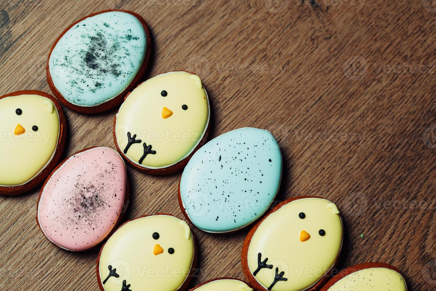 Easter homemade gingerbread cookie over tablecloth photo