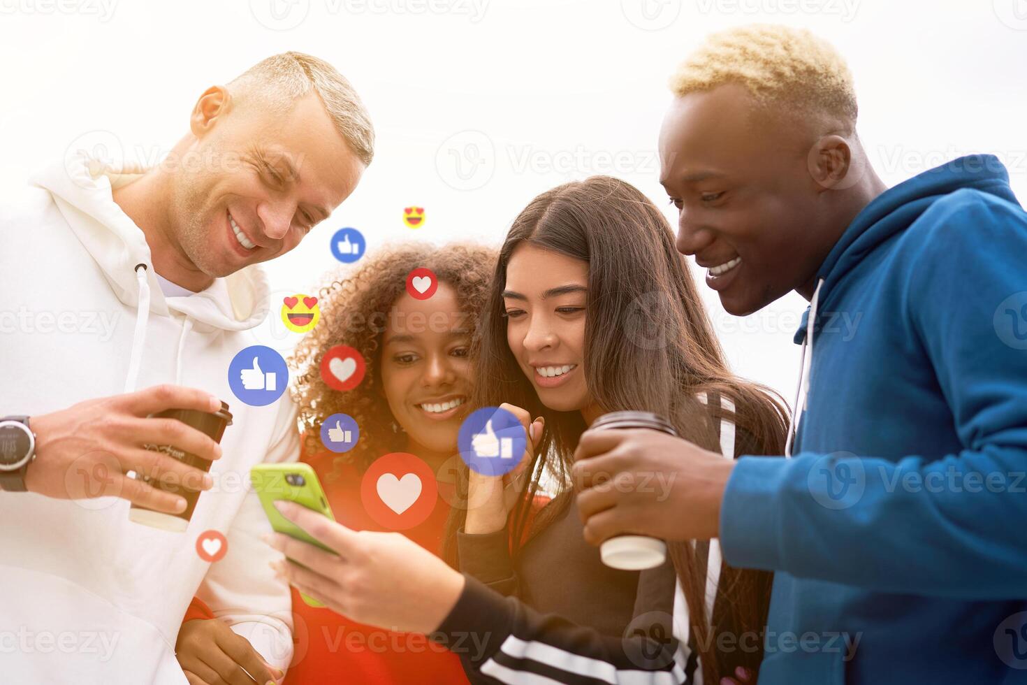 Multi-ethnic group people teenage friends. African-american, asian, caucasian student spending time together Multiracial friendship photo