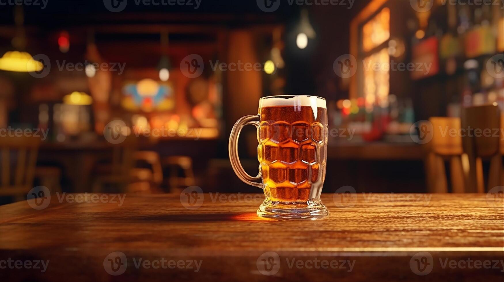 glass with beer on wooden table in pub copy space photo