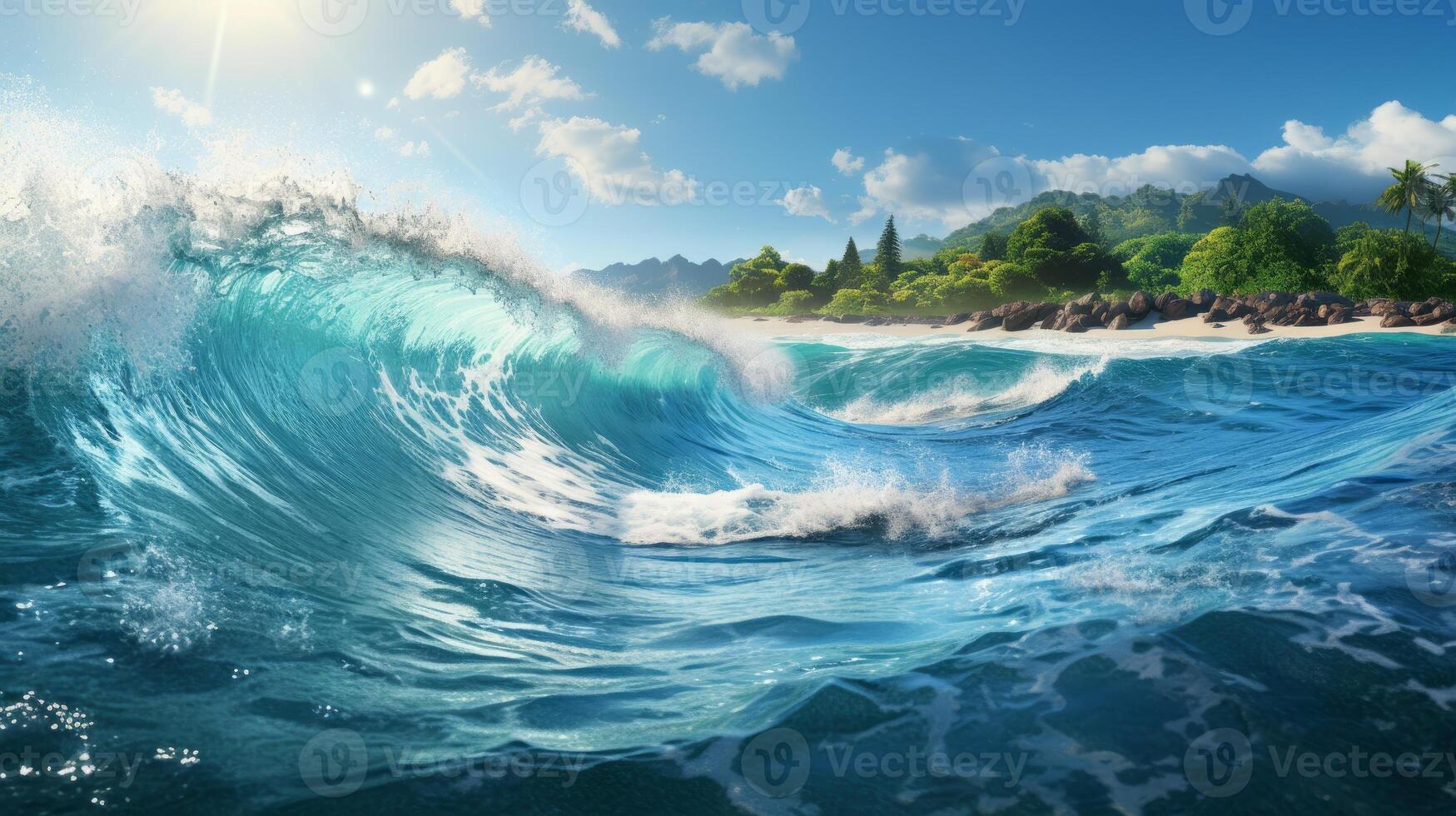AI generated Ocean wave at sunny day. 3d render concept of nature background photo