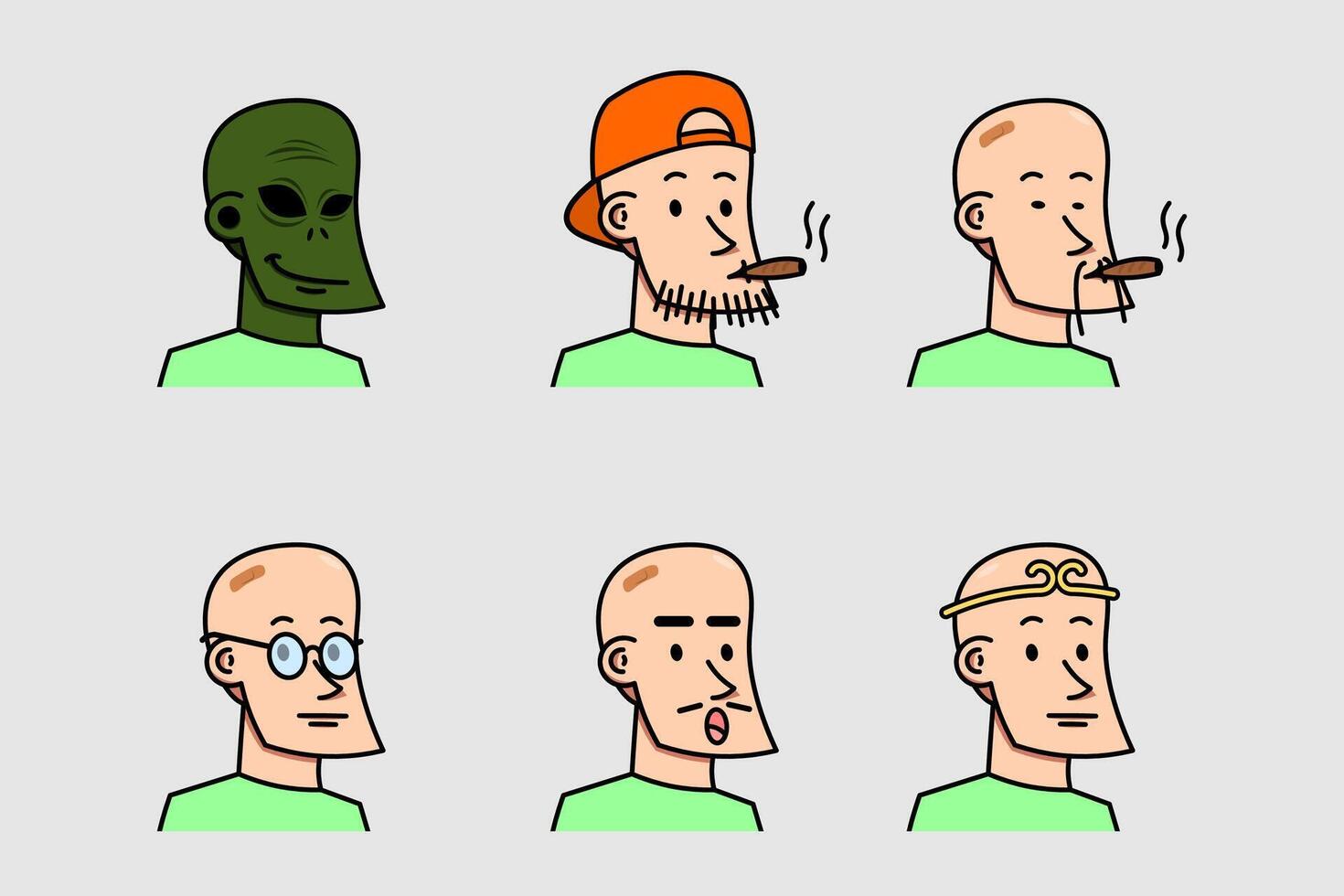 Cartoon Bald Male Head Facial Expression Set With Various Clothes Vector