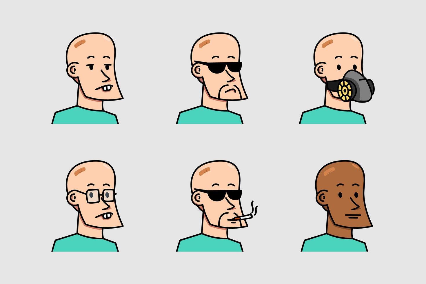 Cartoon Bald Male Head Facial Expression Set With Various Clothes Vector