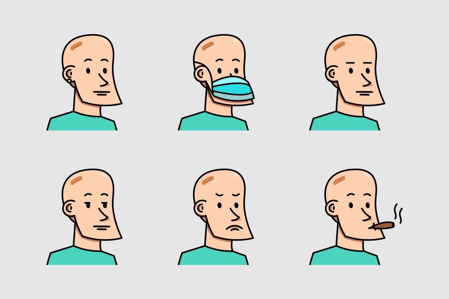 Cartoon Bald Male Head Facial Expression Set With Various Clothes Vector