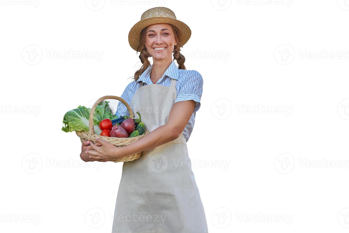 Woman dressed apron white background Caucasian middle age  female business owner in uniform photo