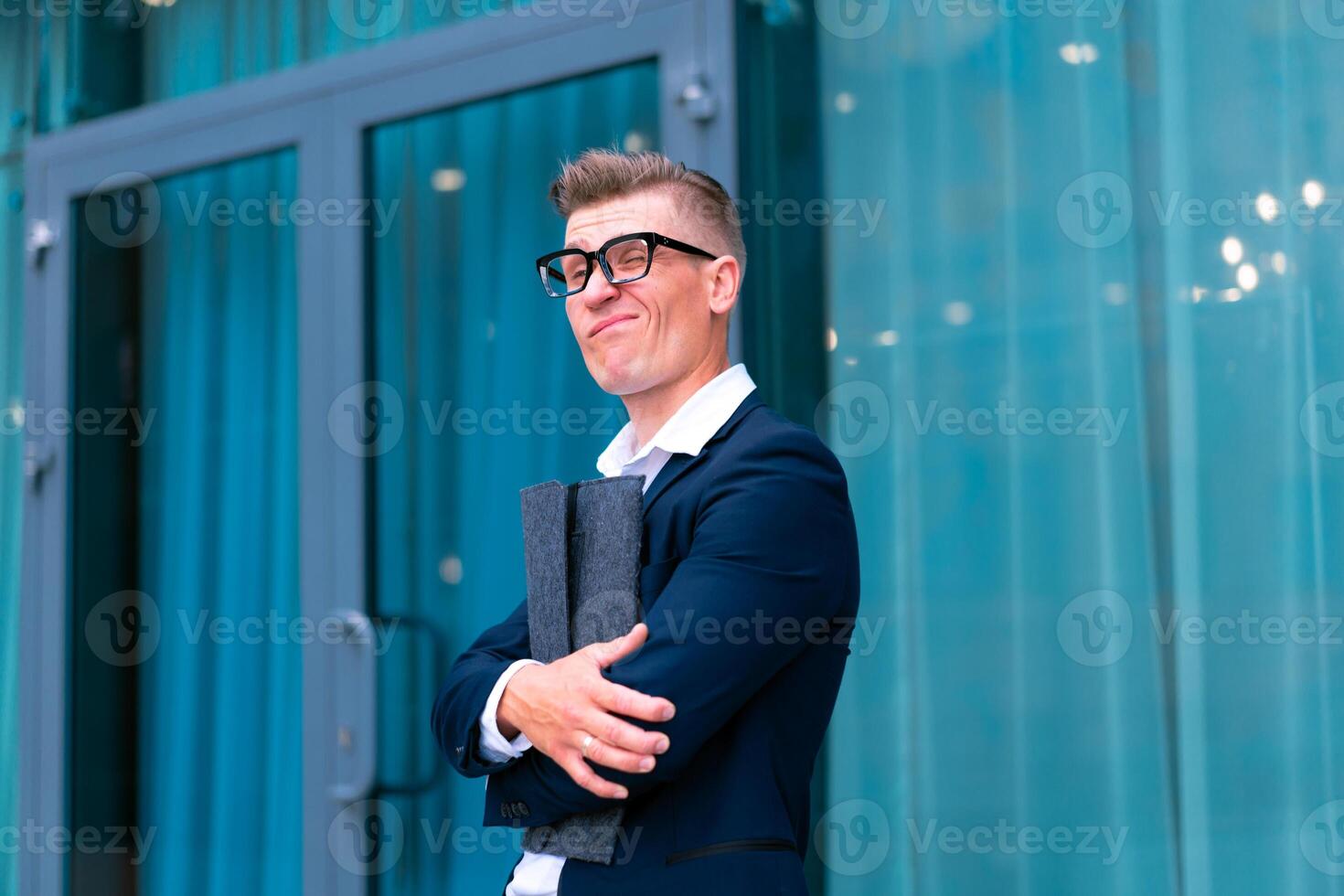 Business. Businessman Glasses Standing City Street Near Office Building photo