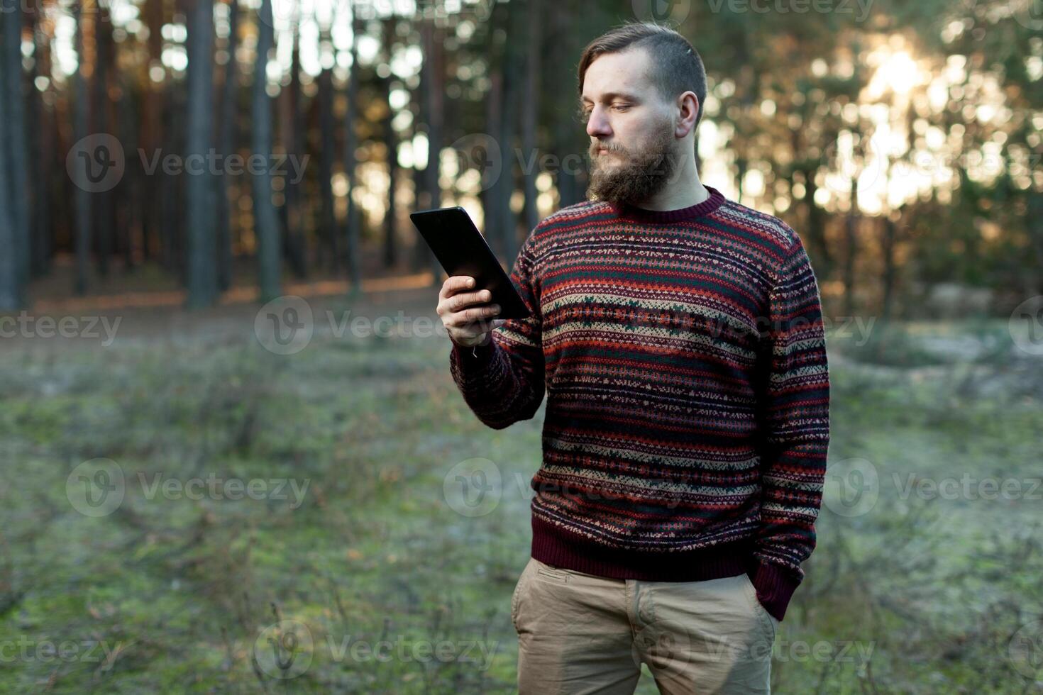 Portrait of adult man walking in the pine forest with digital tablet. photo