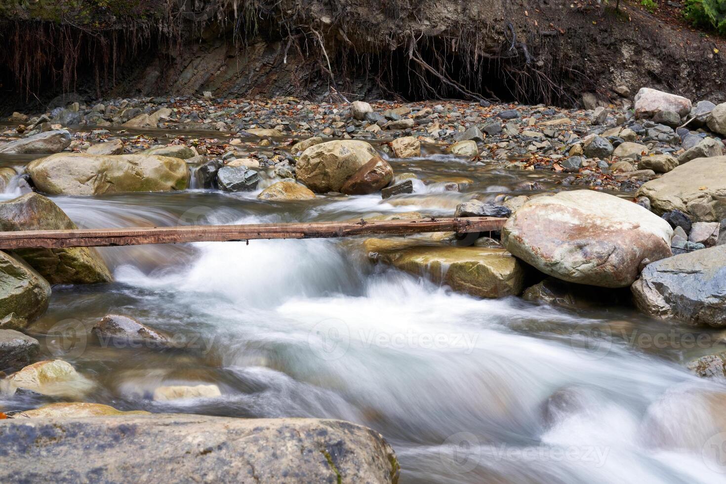 Mountain river with blured water close up photo