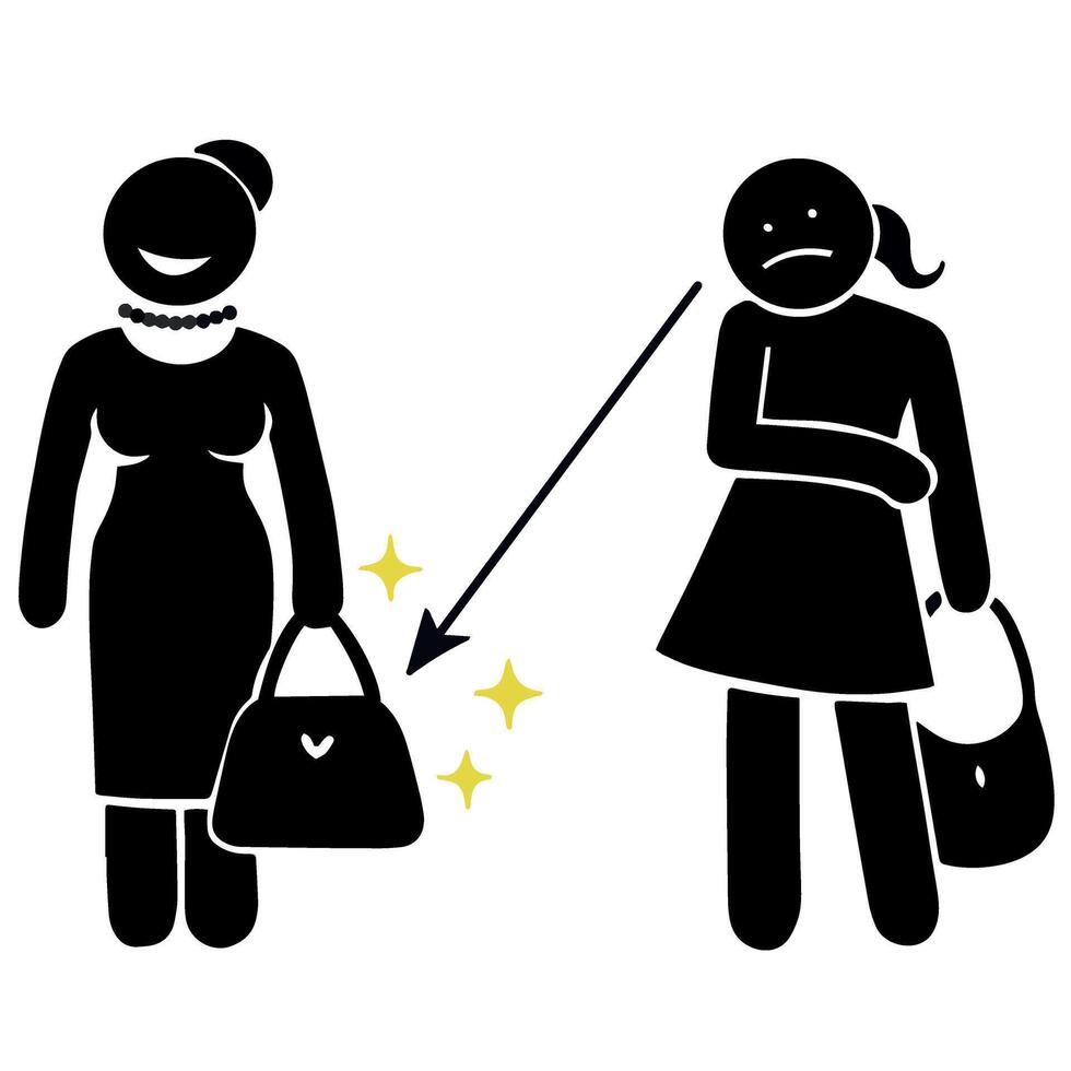 mujer celoso mirando de alguien espumoso glamour de marca bolso vector ilustración