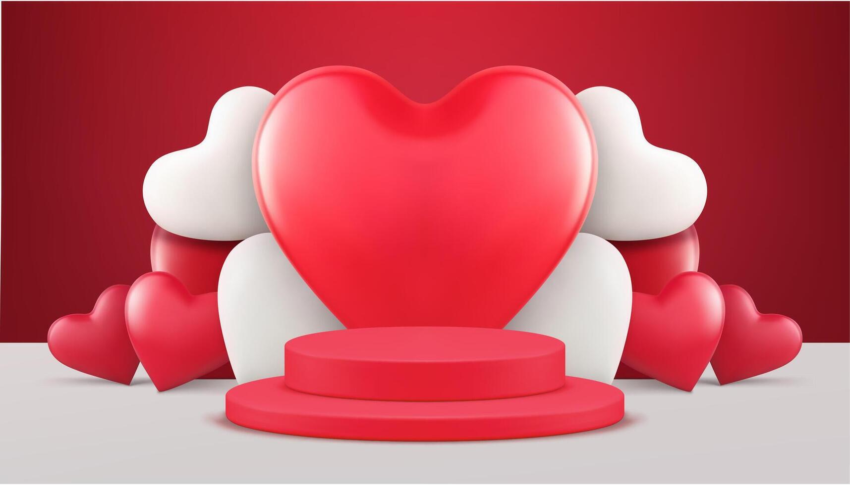 Red romantic Valentine's Day 3d podium pedestal with heart heap wall background realistic vector