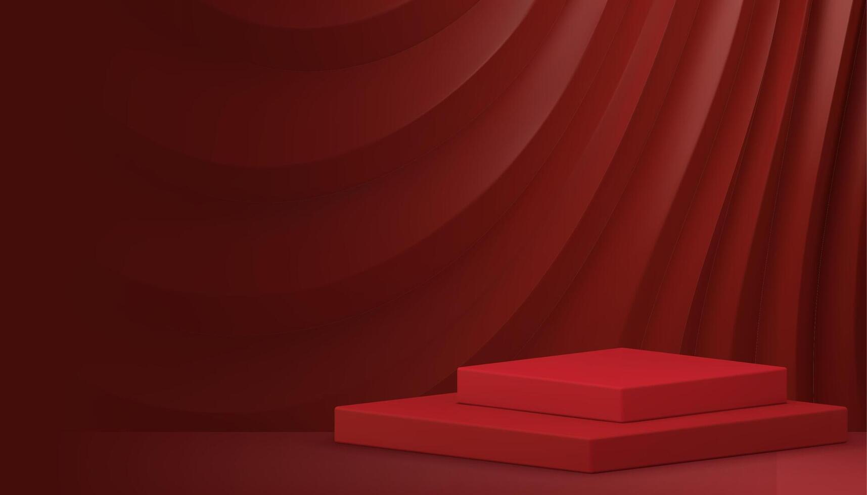 Red 3d podium pedestal silk wave curved dynamic soft flow effect wall background realistic vector