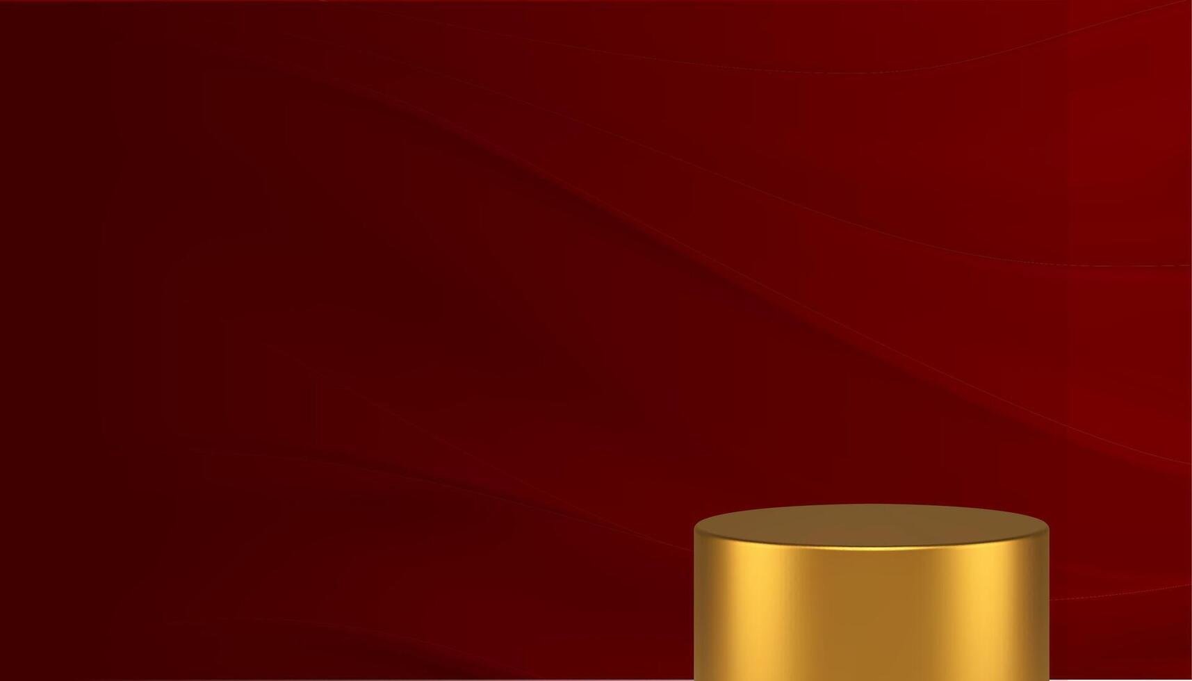 Cylinder golden 3d podium pedestal elegant curved wave red wall background realistic vector