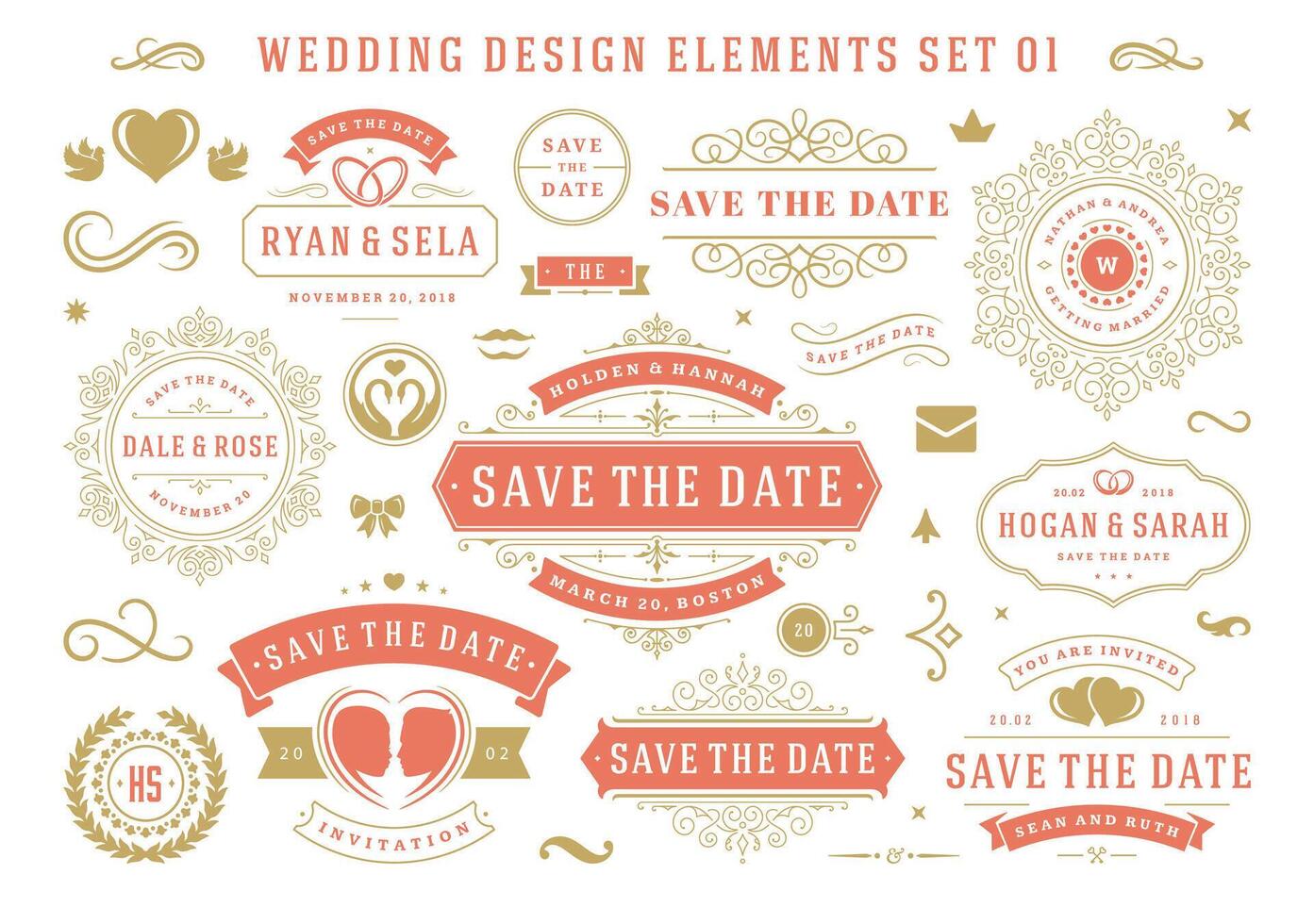 Vintage wedding and valentines day decorative ornament design elements set vector illustration