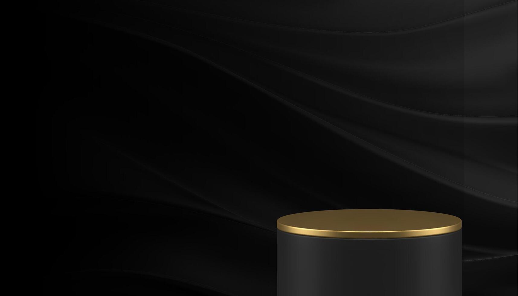 3d golden cylinder luxury podium pedestal black abstract wave wall background realistic vector