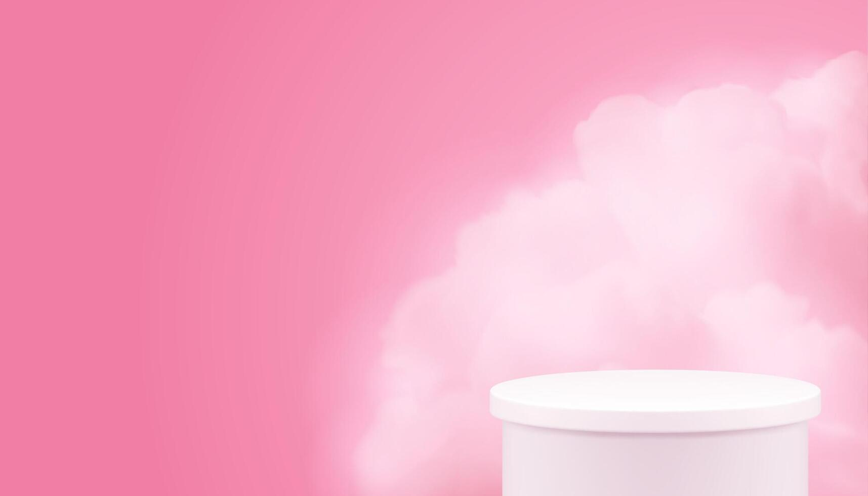 3d minimalist white cylinder podium pedestal with cloud smoke pink background realistic vector