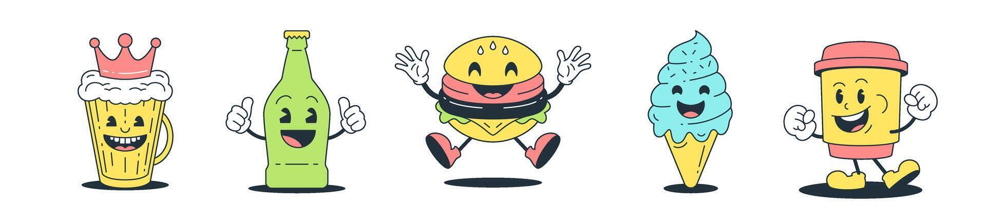 Cheerful food drink cartoon character comic mascot set retro 30s animation style icon vector flat