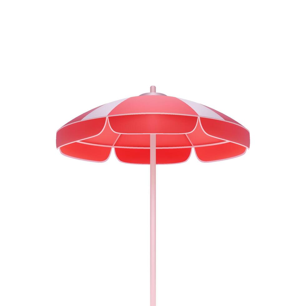 Red beach umbrella open parasol on stick for summer vacation sun protection 3d icon realistic vector
