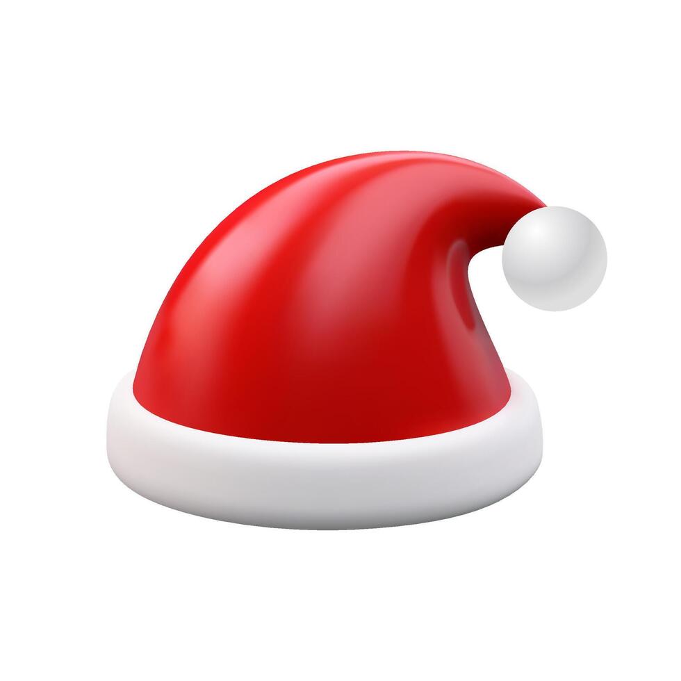 Papa Noel claus rojo sombrero Navidad tocado disfraz mullido tradicional gorra 3d icono realista vector