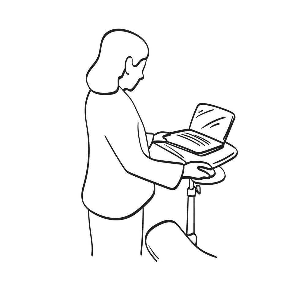 businesswoman working on laptop computer on small desk illustration vector hand drawn isolated on white background