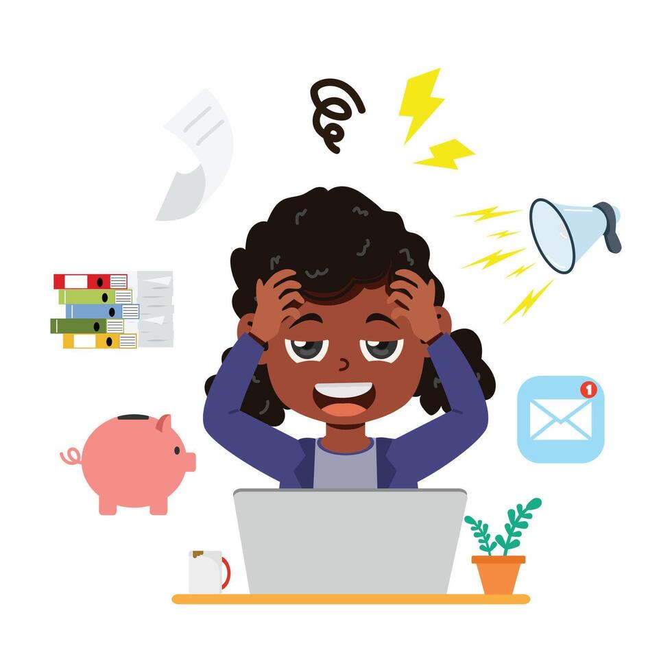 african girl stressed Multitasking worker tired vector