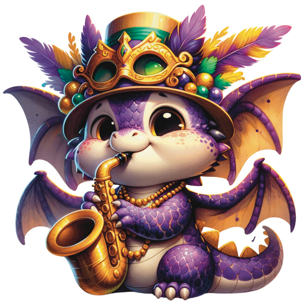 AI generated Mardi gras festive cute baby dragon PNG file