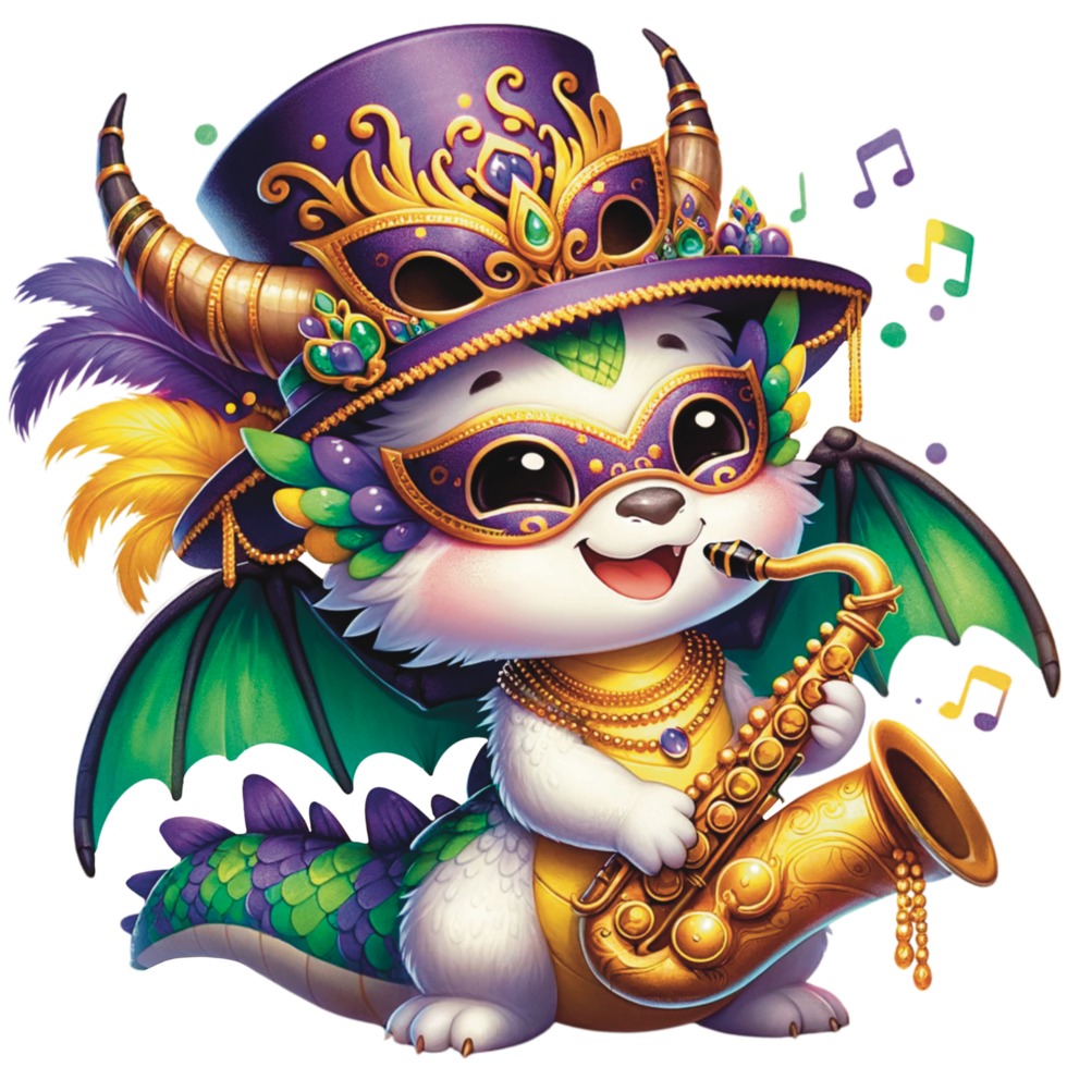 AI generated Mardi gras festive cute baby dragon PNG file