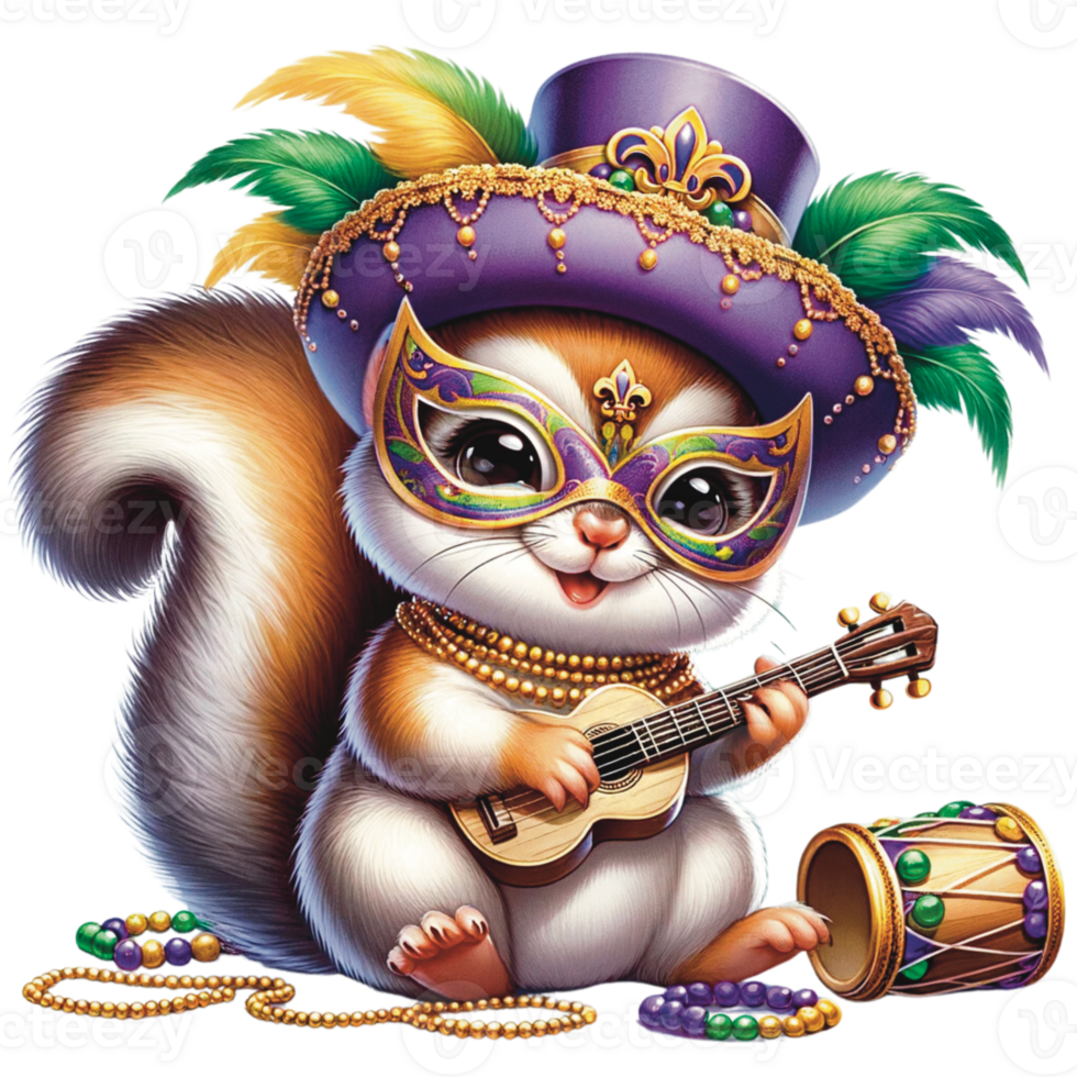 AI generated Cute Mardi Gras, Cute animal Mardi Gras, Mardi Gras festival PNG, cute animal playing music png