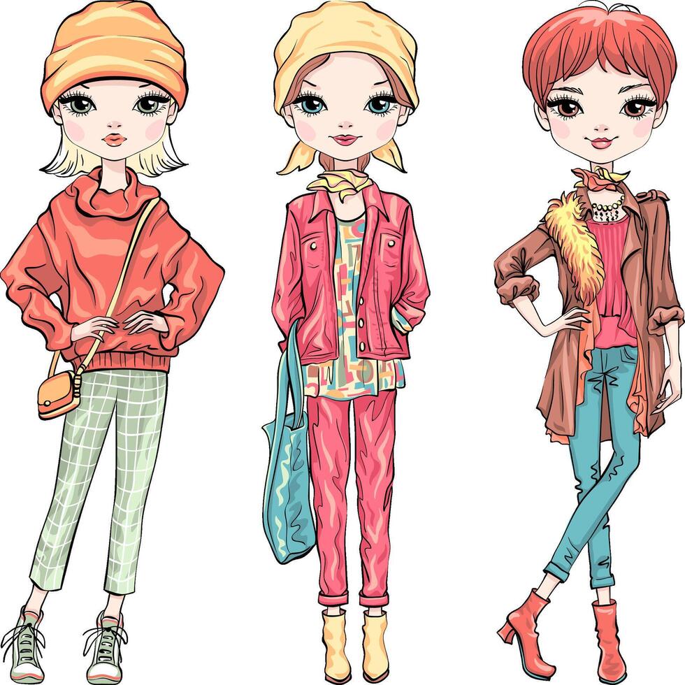 Set fashion girl in autumn clothes vector