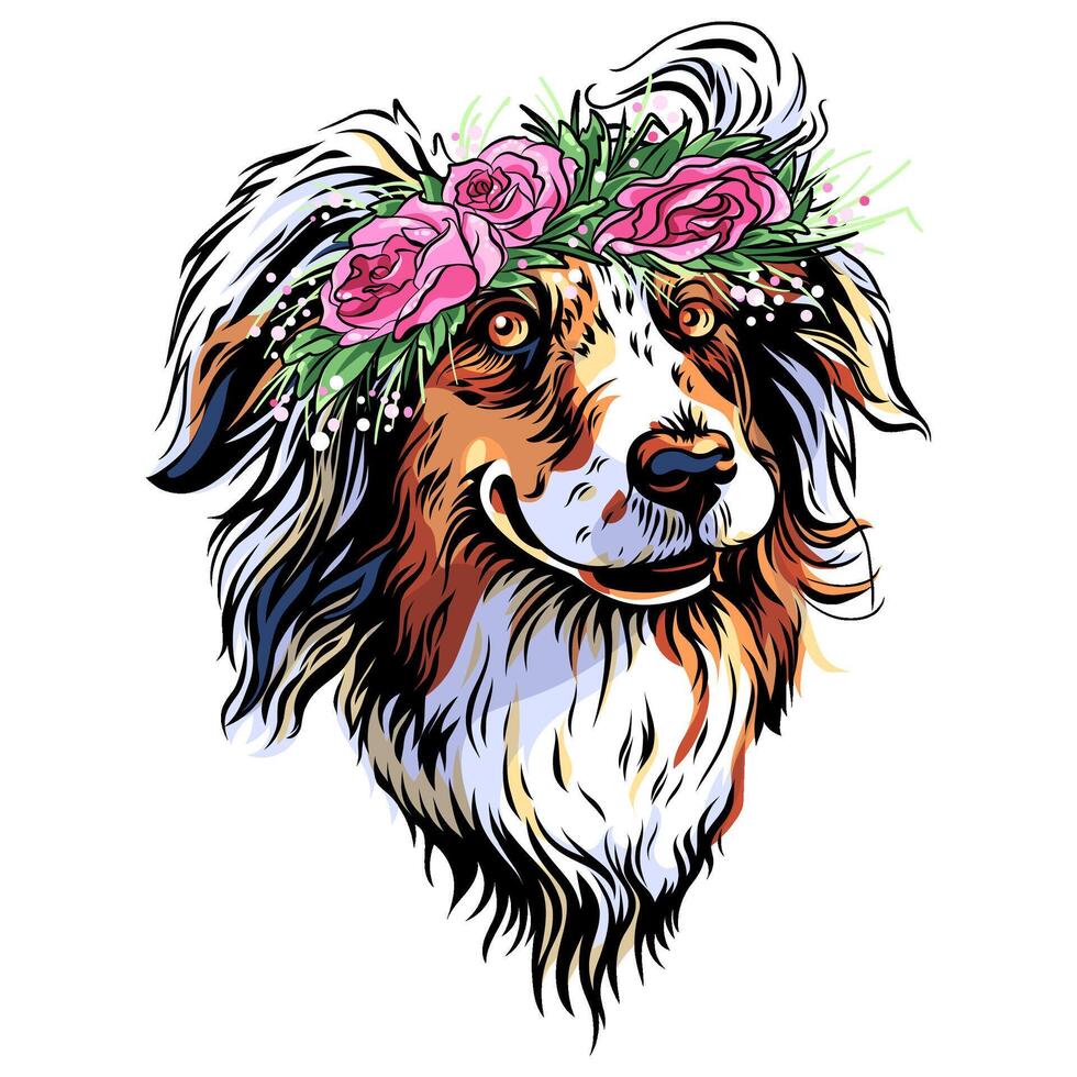 dog Red Australian Shepherd in flower wreath vector