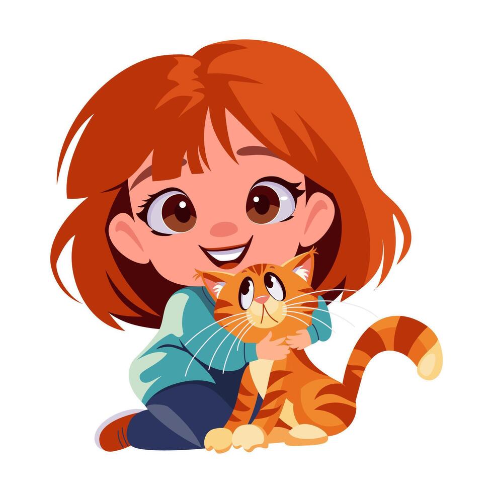 Vector happy smiling girl and cat