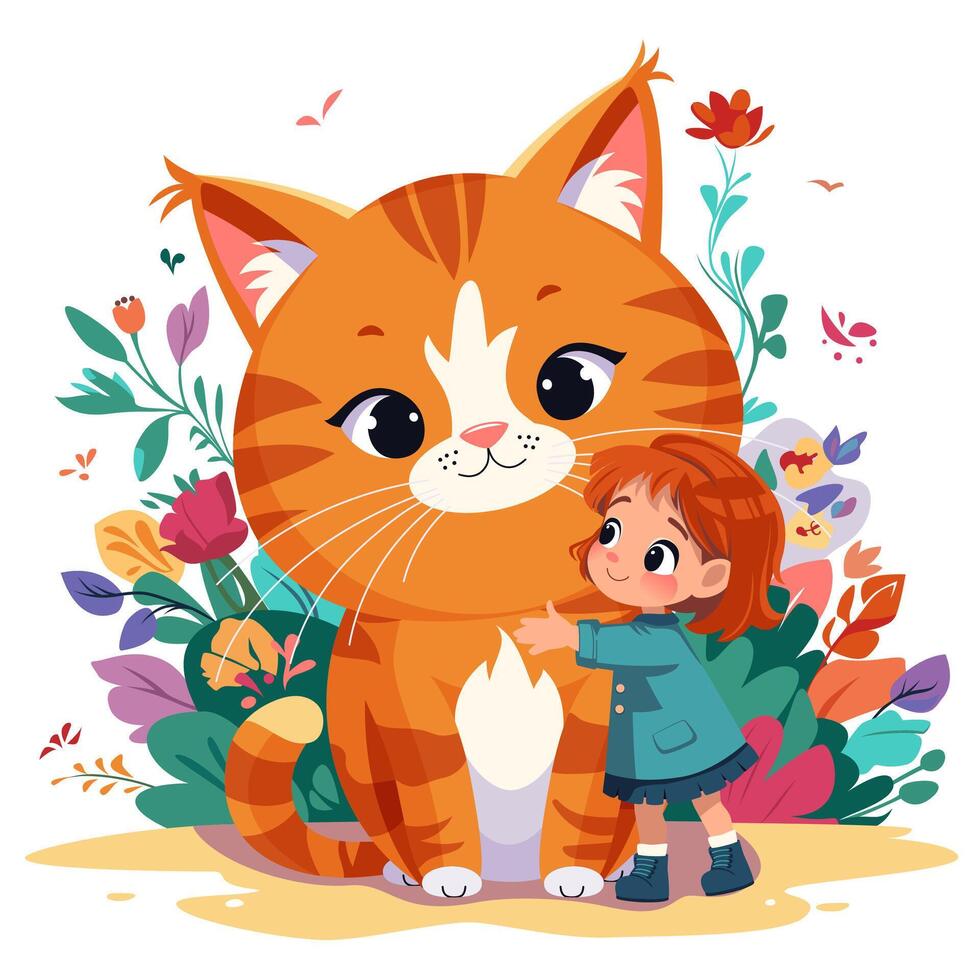 vector contento sonriente niña y gato