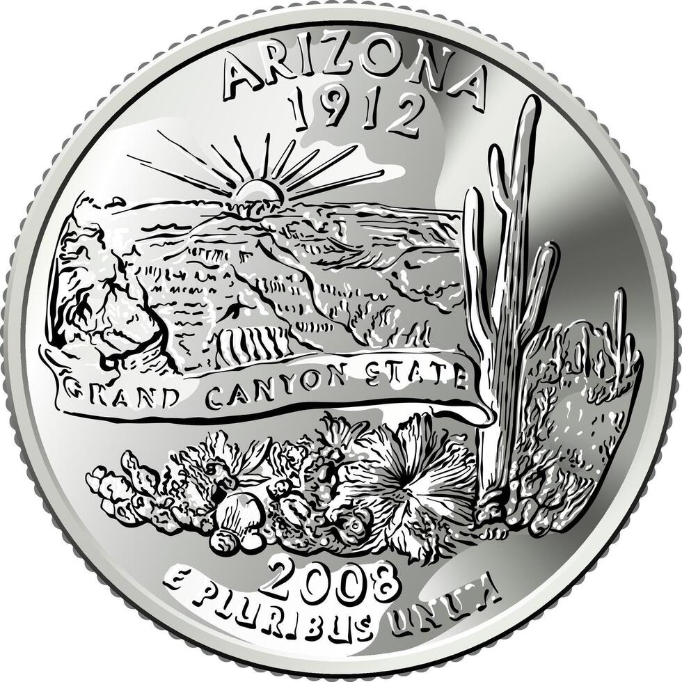 USA money Washington quarter 25 cent coin Arizona vector