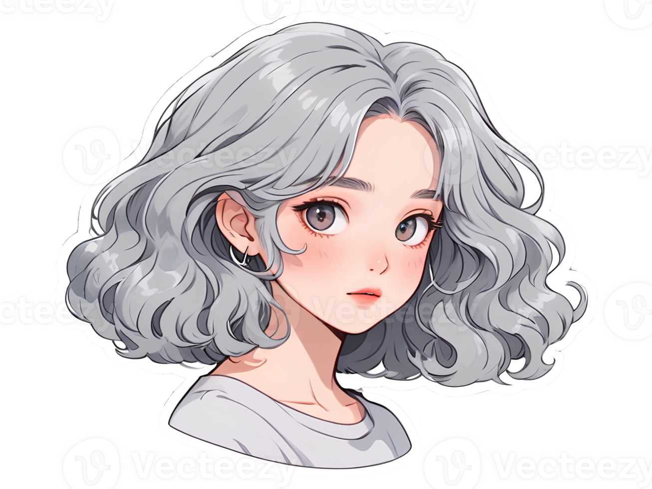 Beautiful cartoon anime girl with gray curly hair and gray eyes sticker with white border png