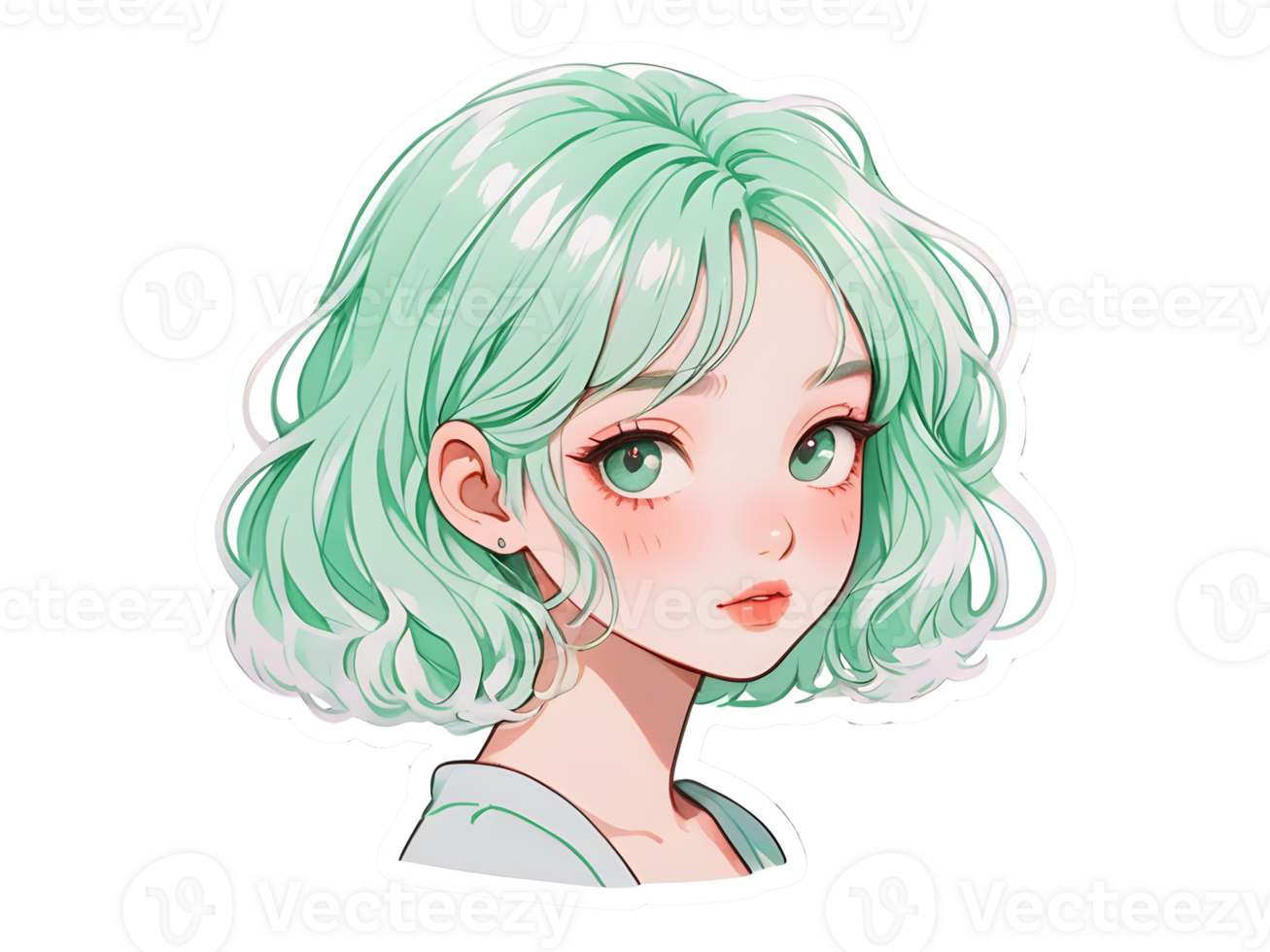 magnifique dessin animé anime fille avec menthe frisé cheveux et vert yeux autocollant avec blanc frontière png