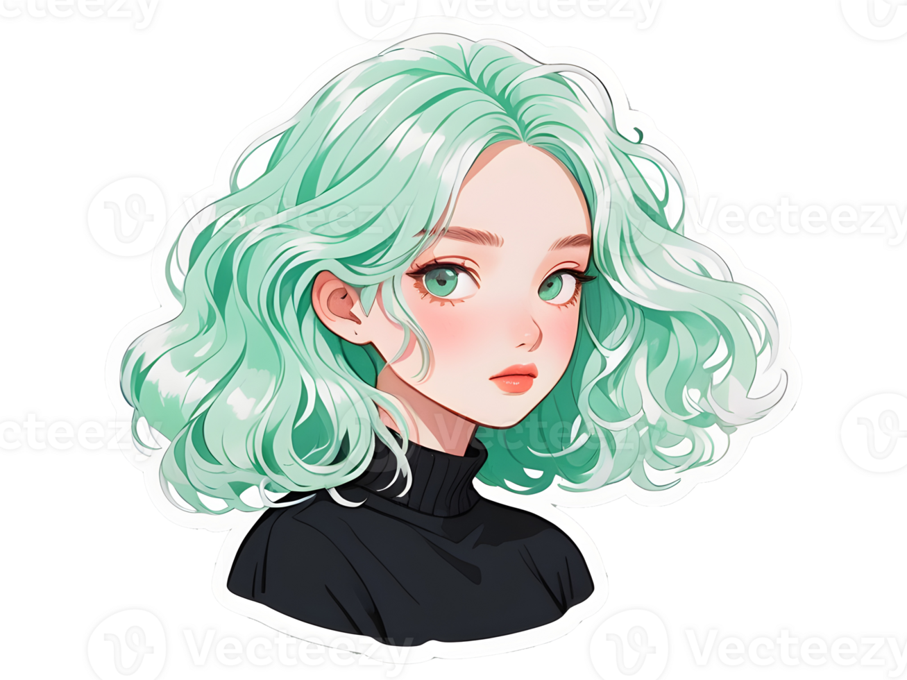 Beautiful cartoon anime girl with mint curly hair and green eyes sticker with white border png