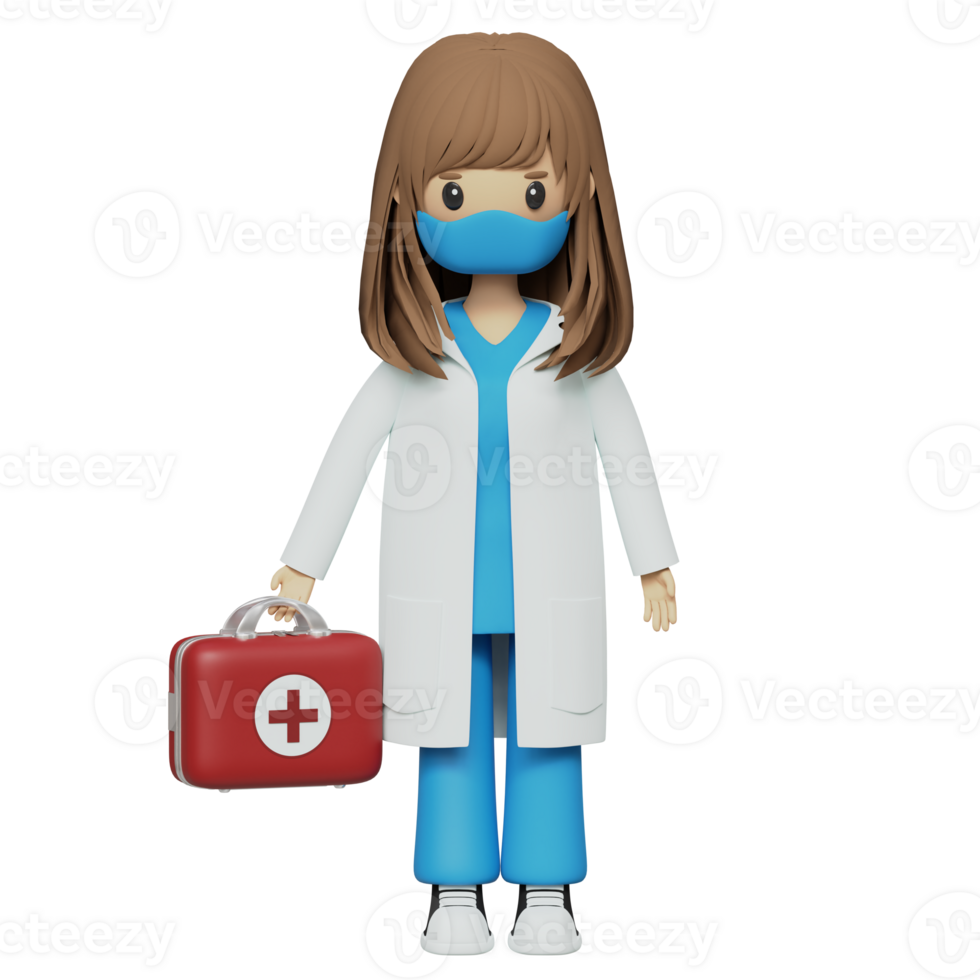 Cute female doctor in medical attire holding red first aid kit 3d rendered icon png