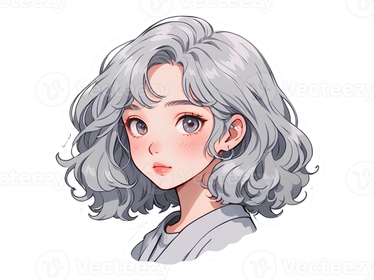 Beautiful cartoon anime girl with gray curly hair and gray eyes sticker with white border png