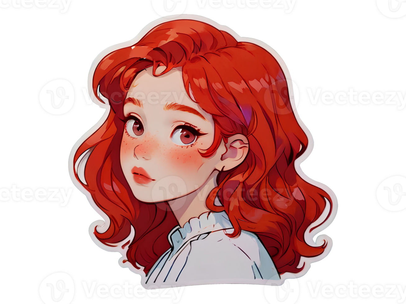 Beautiful young female cartoon character with red hair avatar isolated sticker with white border png