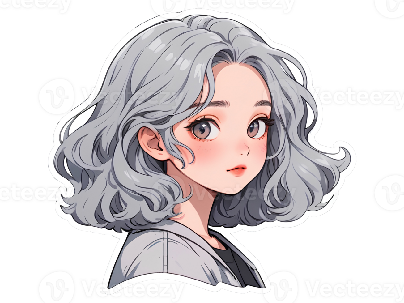 Beautiful cartoon anime girl with gray curly hair and gray eyes sticker with white border png