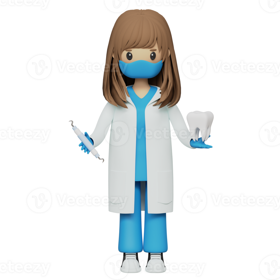 mignonne femelle dentiste médecin dans médical tenue en portant brosse à dents et dentifrice 3d rendu icône png