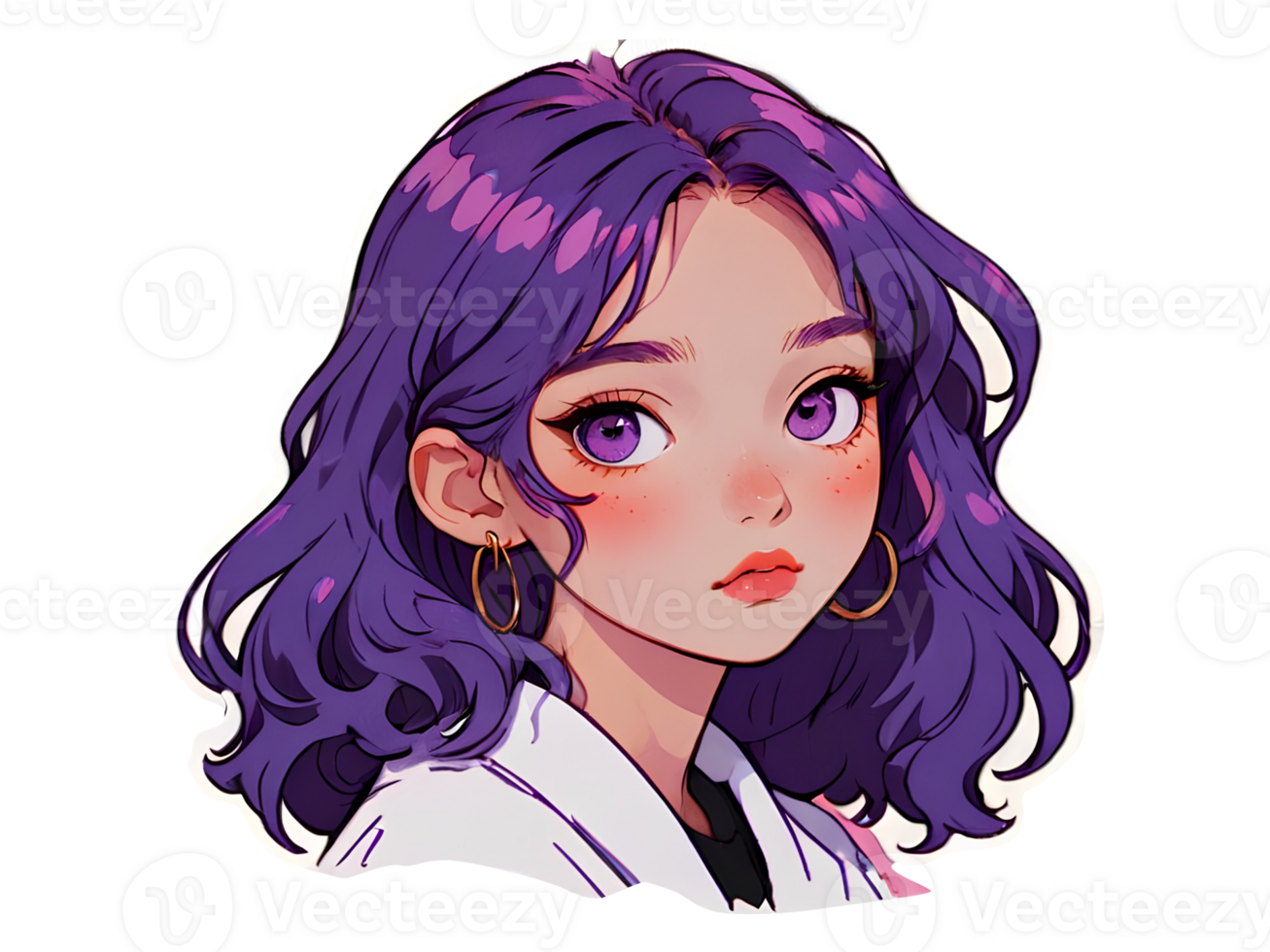 Beautiful young anime girl with purple hair and purple eyes isolated sticker with white border png